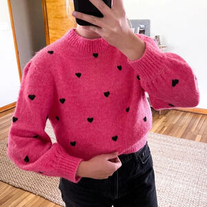 Rixo Ariana Pink Heart Print Balloon Sleeve Knit Pullover Designer Sweater Small